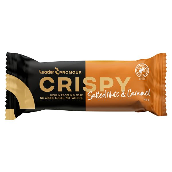 A Leader Promour Crispy Salted Nuts & Caramel protein bar in a rectangular black and gold wrapper, glossy finish, features prominent bold white and gold text. Label includes “high in protein and fibre,” “no added sugar or palm oil.” No people or hands visible. Neutral background. Package is sealed on both ends. A Leader Promour Crispy Salted Nuts & Caramel protein bar in a black and gold wrapper, labeled high in protein and fibre, with no added sugar or palm oil, offers a deliciously balanced snack packed