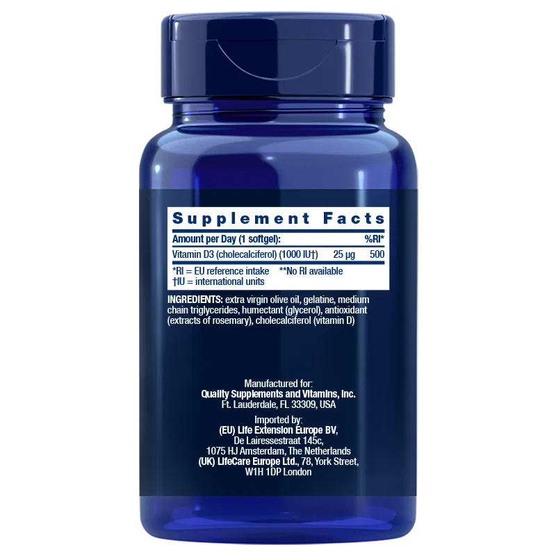 Life Extension Vitamin D3 25 mikrog-Life Extension-Hyvinvoinnin Tavaratalo