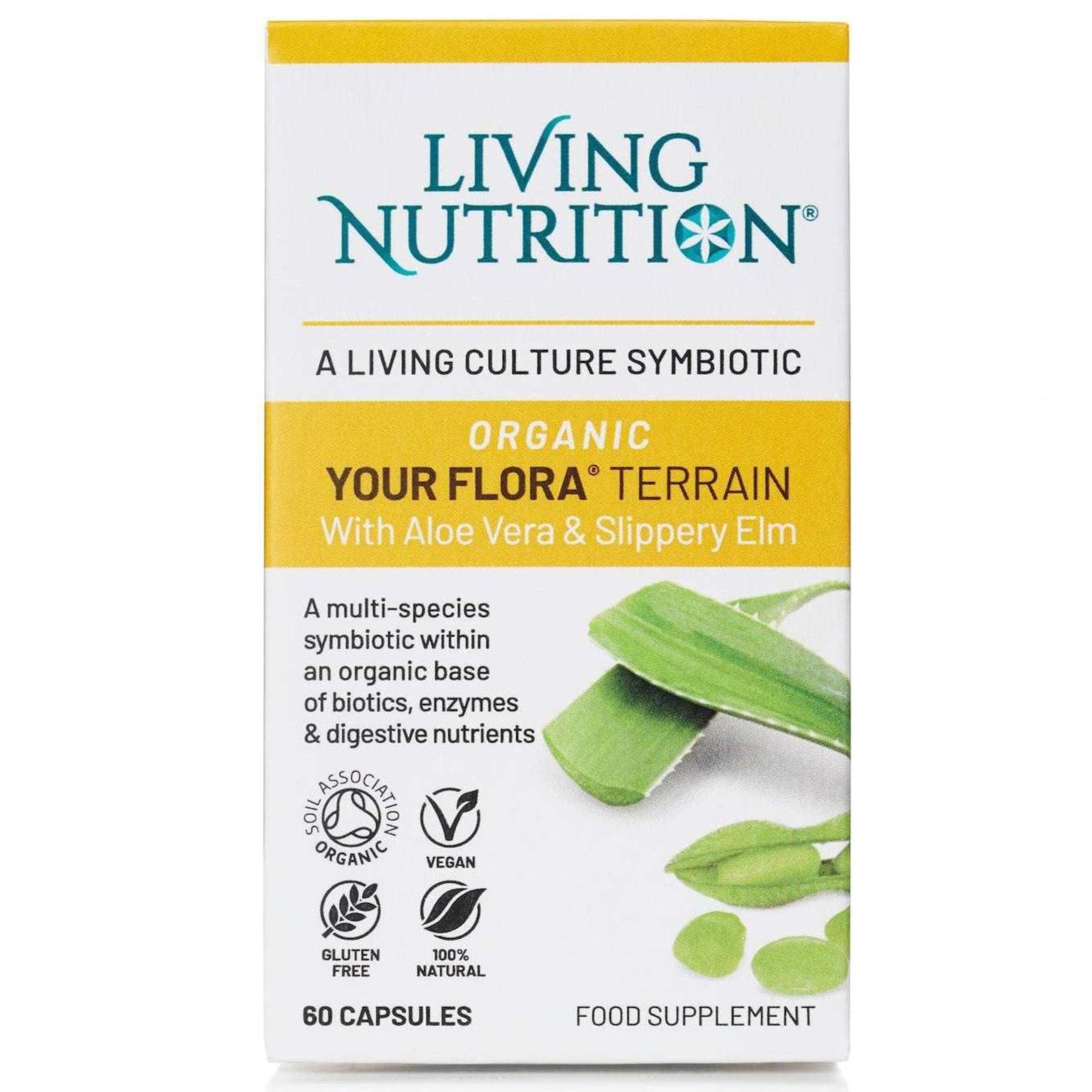 Living Nutrition Your Flora Terrain; suorakulmainen laatikko Living Nutrition Your Flora Terrain -kapseleita pystyssä mattapinnalla; etupuolella kuvia aloe verasta sekä luomu-, vegaani- ja gluteenittomuuden sertifiointikuvakkeita; typografia pääosin groteskia; luettava teksti toteaa sen olevan ruoansulatuksen ravintolisä biooteineen, entsyymeineen ja ravintoaineineen suoliston terveyden tueksi; neutraali tausta, ei ihmisiä kuvassa.