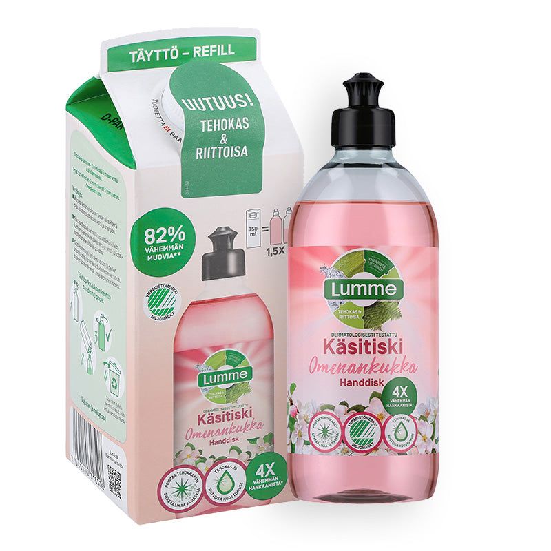 A bottle of Lumme apple blossom hand dish soap stands beside its refill box, featuring green and pink colors, images of flowers and apples, and Finnish text highlighting eco-friendly ingredients and efficient cleaning. Both items are rectangular with plastic caps on the bottle. Surfaces are matte. The packaging uses bold sans-serif fonts in white and dark green. The background is plain white with no people or hands visible. This is a studio product shot at eye level.