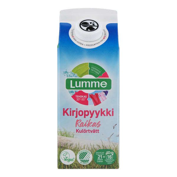 Lumme Kirjopyykki Pyykinpesuneste Raikas -pakkaus; suorakaiteen muotoinen mattapintainen kartonkipakkaus nokalla, monivärinen kuvitus etupaneelissa, lihavoitu groteskiteksti suomeksi