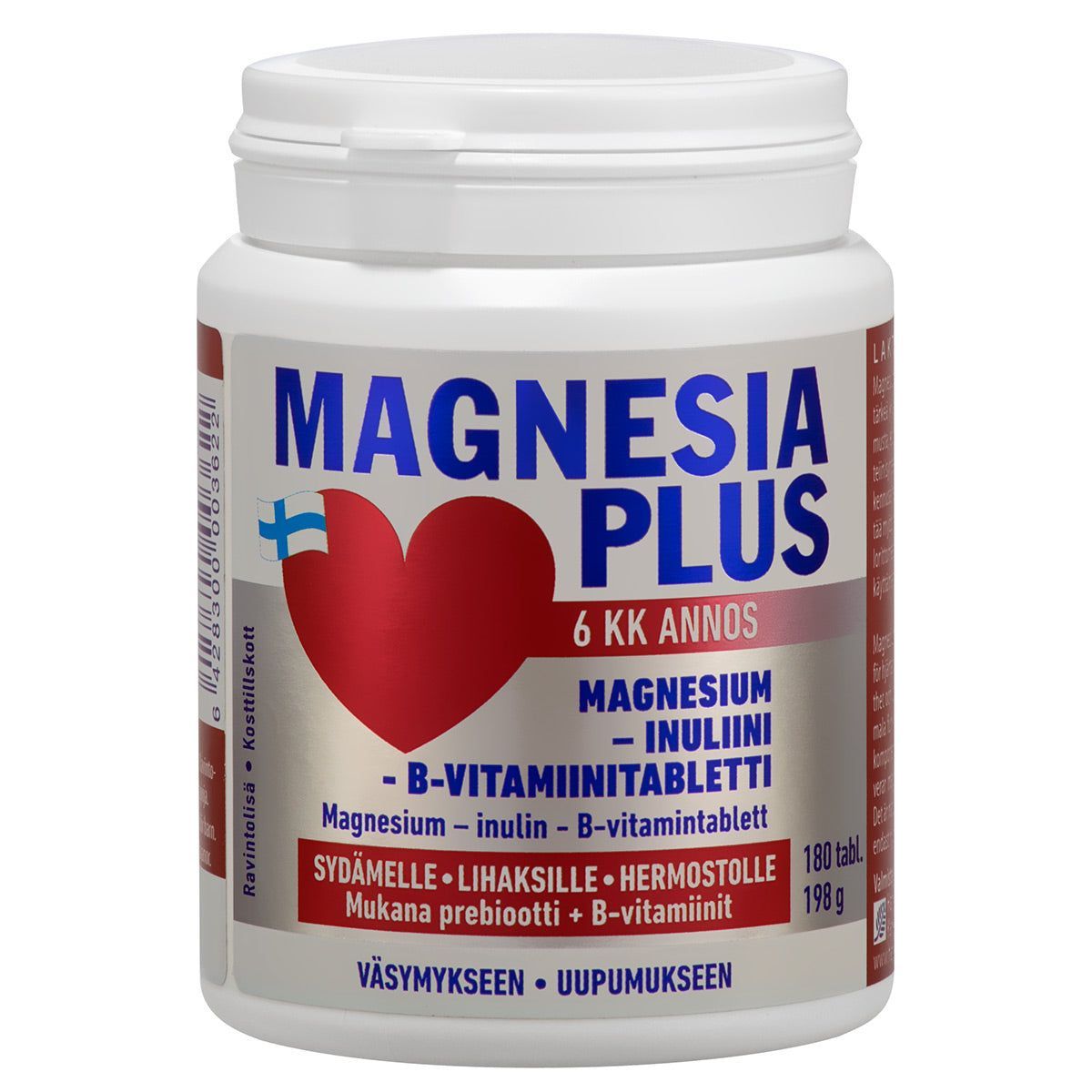Magnesia Plus; valkoinen muovipullo mattapinnalla, lieriön muotoinen ja valkoinen kierrekorkki; etiketissä teksti "MAGNESIA PLUS" lihavoidulla groteskifontilla, punainen sydänsymboli ja Suomen lipun kuva; lyhyt teksti mainitsee magnesiumin, inuliinin ja B-vitamiinit päivittäiseen hyvinvointiin; 180 tablettia ja suomenkielistä tekstiä; vaalea tausta, ei ihmisiä tai käsiä.