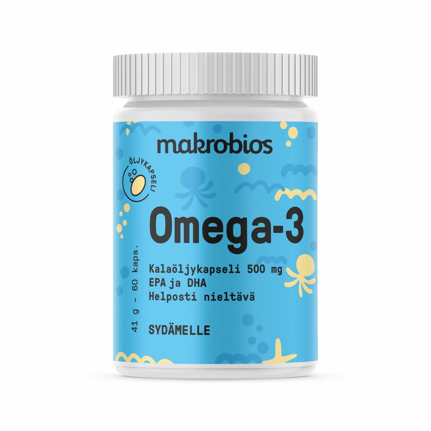 A white plastic bottle of makrobios Omega-3 fish oil capsules with a matte finish, cylindrical shape, and screw cap. The blue label features illustrations of yellow and blue sea creatures. Sans-serif text in Finnish is printed on the label. The background is plain white. The shot is a product close-up with no people or hands visible.