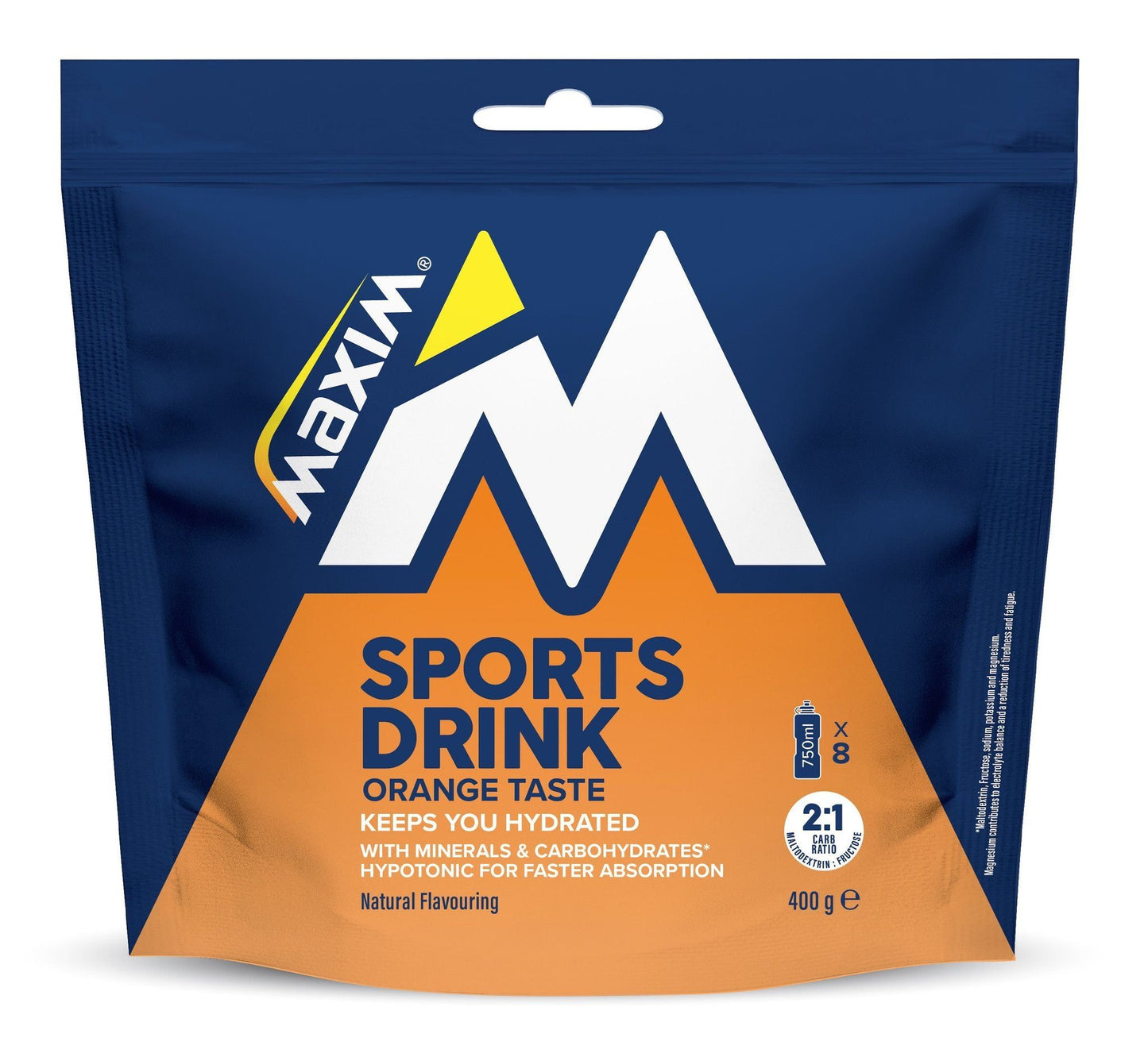 Maxim Sports Drink Fresh Orange; sininen ja oranssi joustopussi mattapintaisena tekstillä "Maxim Sports Drink Orange Taste"; pakkaus suorakulmainen uudelleensuljettavalla yläosalla, sisältö 400 g; yksinkertaiset kuvakkeet nesteytyksestä, kivennäisaineista, hiilihydraateista ja imeytymisestä groteskikirjasimin; valkoinen tausta, studiotuotekuva, ei ihmisiä kuvassa.