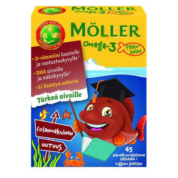 Möller Omega-3 Pikkukalat Cola; värikäs, suorakulmainen ja kiiltäväpintainen pahvipakkaus sinisin ja keltaisin sävyin, jonka kyljessä hymyilevä sarjakuvamainen kala lakkiaislakki päässään pitäen kylttiä; suuri lihavoitu teksti "Möller" sekä pienempiä suomenkielisiä tuotetietoja; korostettuna maininnat omega-3, vitamiinit ja ei lisättyä sokeria.