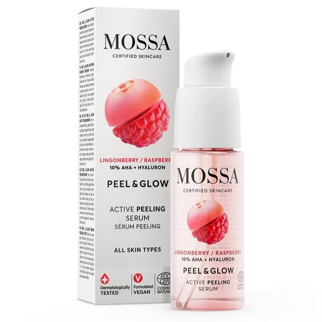 A bottle and box of Mossa Peel & Glow Active Peeling Serum with lingonberry, raspberry, 10% AHA, and hyaluron. The packaging is white with a matte finish, displays images of pink fruits, and has sans-serif lettering that highlights the main ingredients. Both the bottle and box are upright on a plain background. No people or hands are present in the shot.