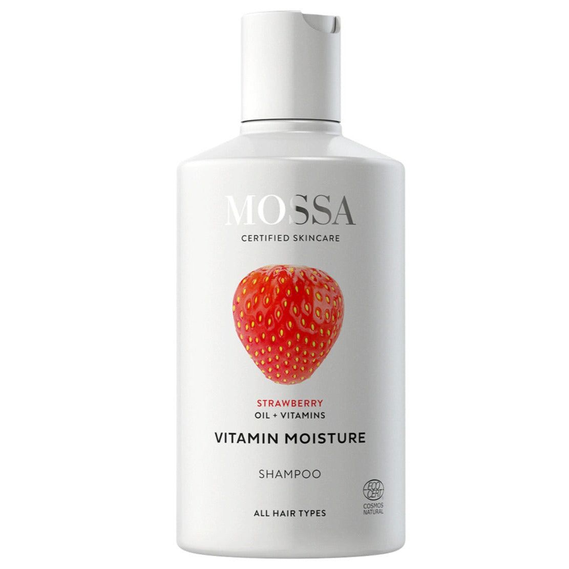White bottle of MOSSA Vitamin Moisture Shampoo with a strawberry image on the front. Bottle is cylindrical with a matte white finish and has a white flip-top cap. Legible label text mentions strawberry oil, vitamins, and suitability for all hair types. Typography is modern sans-serif in black and red. Bottle is standing upright against a plain white background. No people or hands visible in the shot.