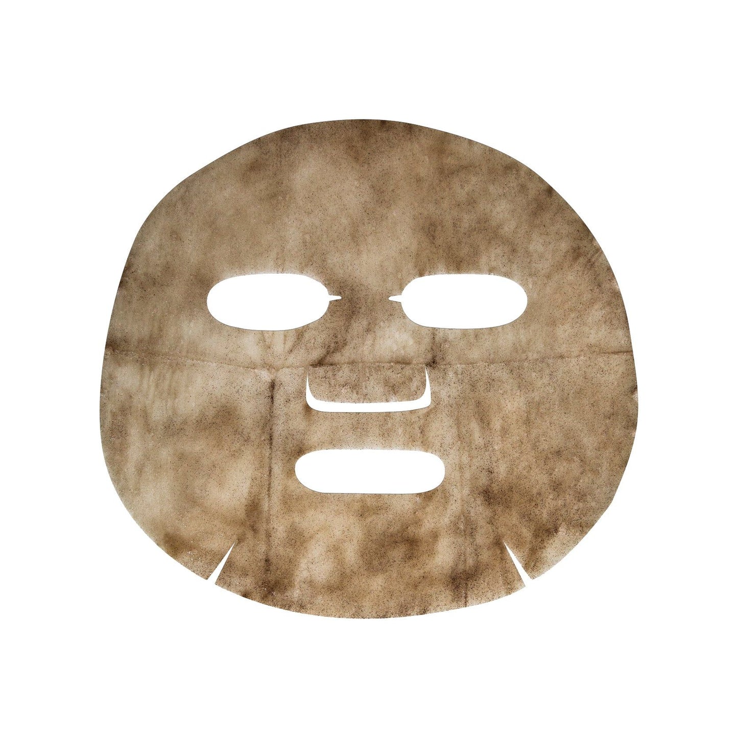 NOBE Forest Elixir® Microbiome Balancing Sheet Mask; litteä, ruskea ja kahvilla rikastettu kasvonmuotoinen kangasnaamio, jossa aukot silmille, nenälle ja suulle, valkoisella taustalla; ohut ja mattapintainen materiaali; ei pakkausta tai näkyvää brändäystä; kuvattu ylhäältä koko muodon ja pinnan näkyessä selvästi, ei ihmisiä tai käsiä.