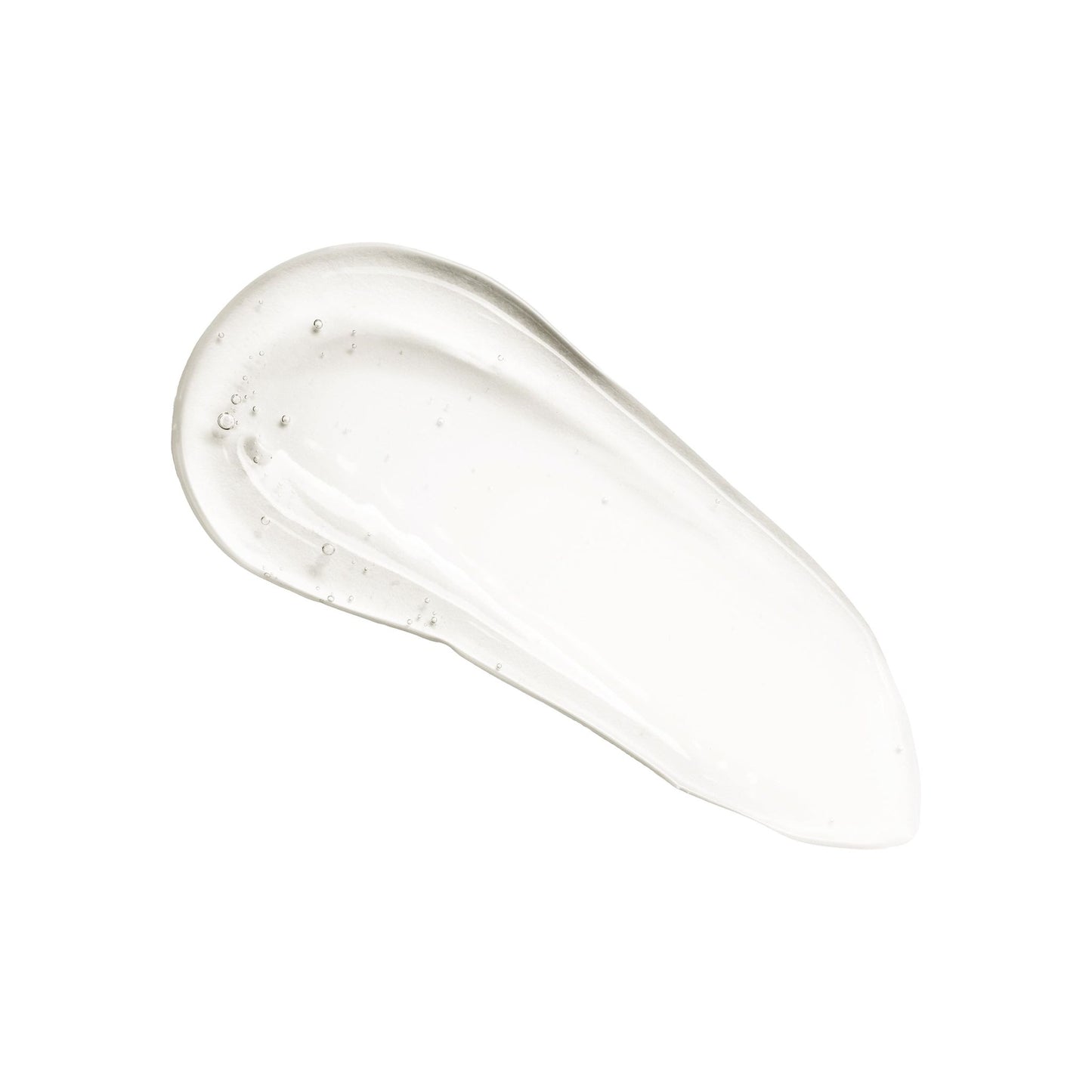 A close-up of a clear, glossy serum or gel smear on a white background, highlighting its smooth texture and slight transparency. No packaging, labels, or typography are visible. The product has an amorphous shape with rounded edges and a lustrous surface. No people or hands are included in the shot.