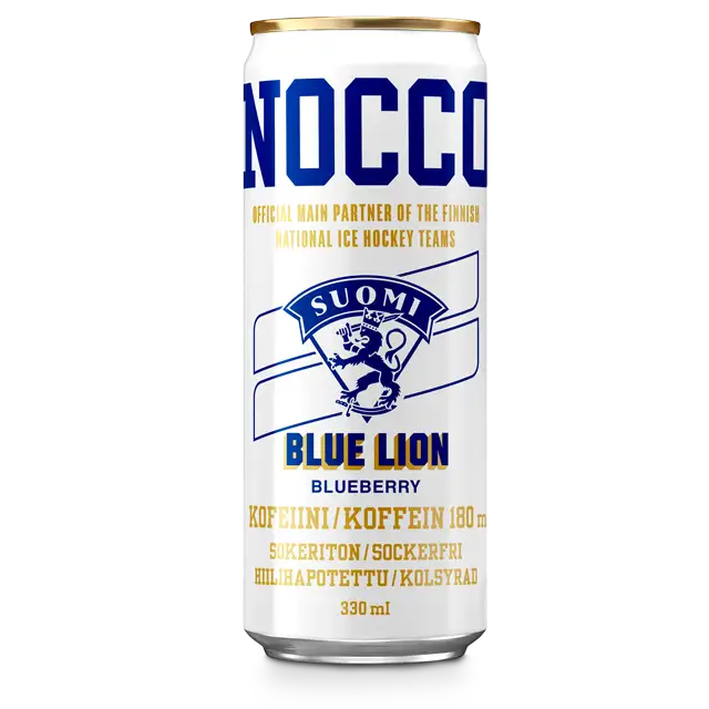 NOCCO Blue Lion Blueberry -energiajuomatölkki 330 ml, sokeriton, 180 mg kofeiinia