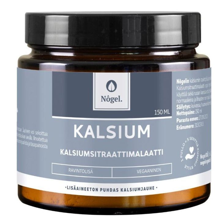 Nôgel Kalsiumjauhe -purkki valkoisella taustalla, ravintolisä- ja vegaanimerkinnät sekä lahjoitusbadge näkyvissä