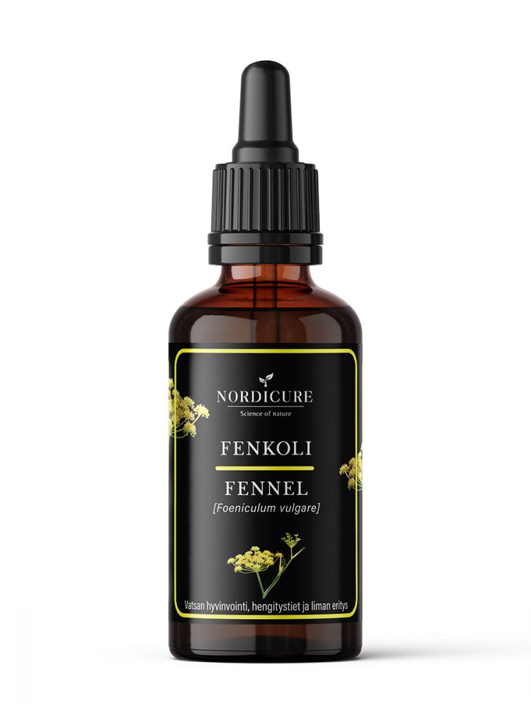 A brown glass dropper bottle labeled Fenkoli Fennel by Nordicure, featuring yellow fennel illustrations and bilingual text in Finnish and English on a white background. Cylindrical bottle with a black ribbed dropper cap, semi-gloss finish on the glass and a matte white label. Clear legible sans-serif font used for label text. No people or hands visible. Shot is centered product-only against plain backdrop.