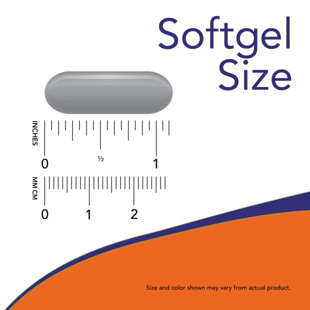 A gray omega-3 softgel capsule is shown above a ruler with inch and millimeter markings, indicating its size is about 1 inch (2.5 cm). Capsule has an oval shape and glossy surface. The image includes the words Softgel Size in clear sans-serif font at the top. Lower section features an orange and blue graphic design element on a plain white background. No people or hands visible.