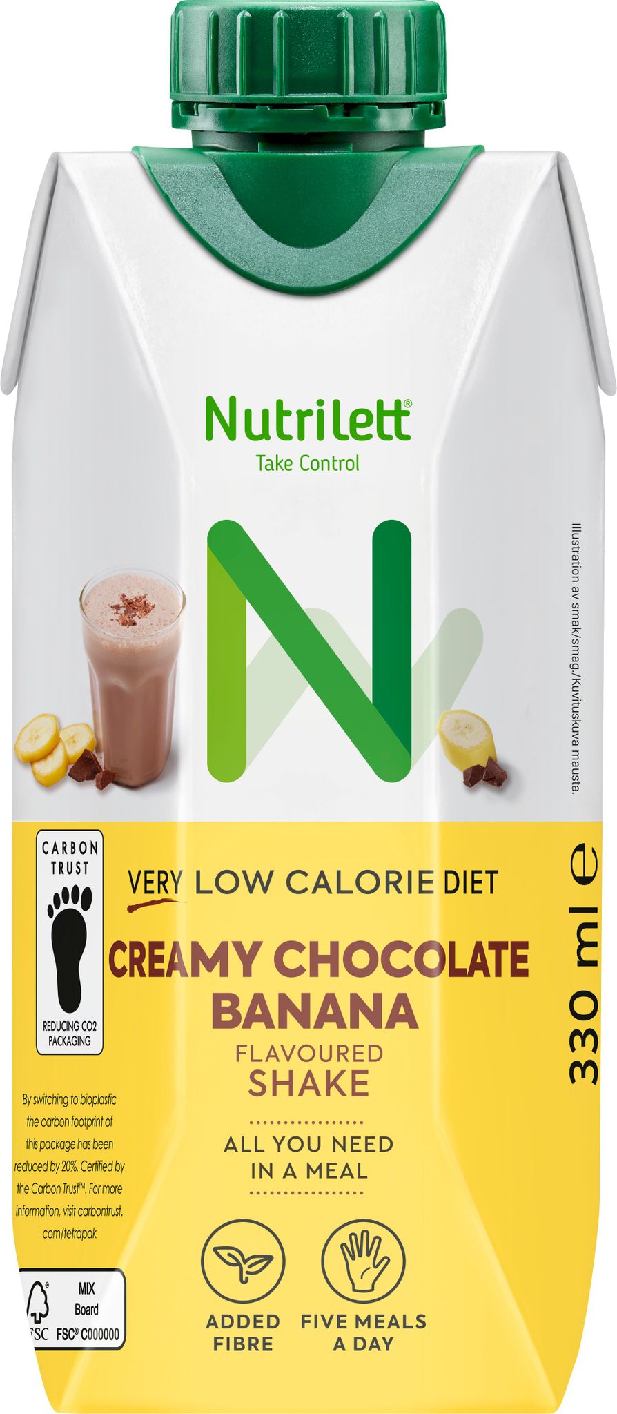 A NutriLettt Creamy Chocolate Banana flavoured shake carton with a green cap, 330 ml, labeled as very low calorie, added fiber, and meal replacement, featuring an image of a glass of the shake and banana slices. The carton has a rectangular shape with glossy finish and features bold lettering on the front. The product is photographed against a plain white background with no people or additional objects visible.