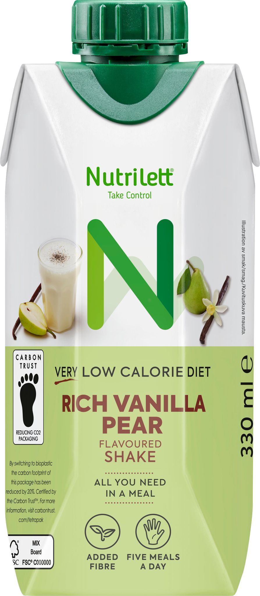 Nutrilett VLCD Vanilla Pear 12-pack, pakkaus vaniljakermaperunajuomajauheelle; valkoinen-vihreä pakkaus suorakulmainen ja mattapintainen, näyttää lasin täynnä vaaleaa kermaista nestettä, kokonaisia vaniljatankoja ja viipaloituja päärynöitä; lihavoitu ja pienempi teksti mainitsee vähäkalorisuuden, lisätyn kuidun ja viisi ateriaa päivässä; ei ihmisiä näkyvissä, tausta yksinkertainen, tuotekuva keskitettynä.