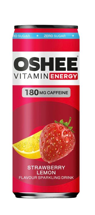 OSHEE Energy Drink Strawberry & Lemon Zero; punainen kiiltävä alumiinitölkki OSHEE Vitamin Energy Strawberry Lemon -kuohuvaa juomaa painetuin kuvin mansikasta ja sitruunalohkosta; sylinterin muotoinen; lihavoitu groteskikirjasin valkoisena ja mustana, luettavissa 180 mg kofeiinia, lisätyt vitamiinit ja sokerittomuus; tuote yksinään tasaisella taustalla suoraviivaisessa kuvassa.
