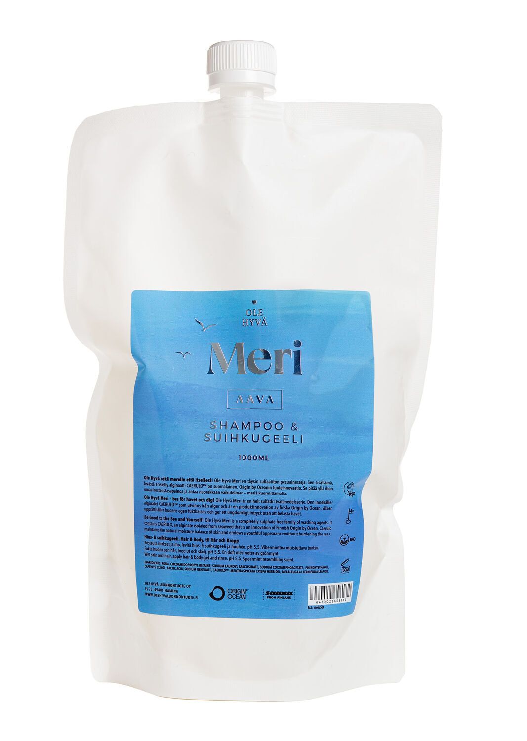 A white refill pouch with a blue label reading Meri Aava Shampoo & Suihkugeeli 1000 ml. The pouch is rectangular with rounded edges and a white screw cap on top. Surface is matte. Minimal graphics show bird and wave icons in blue. Label uses simple sans-serif typography. Set against a plain background, no people visible, standard product shot angle.