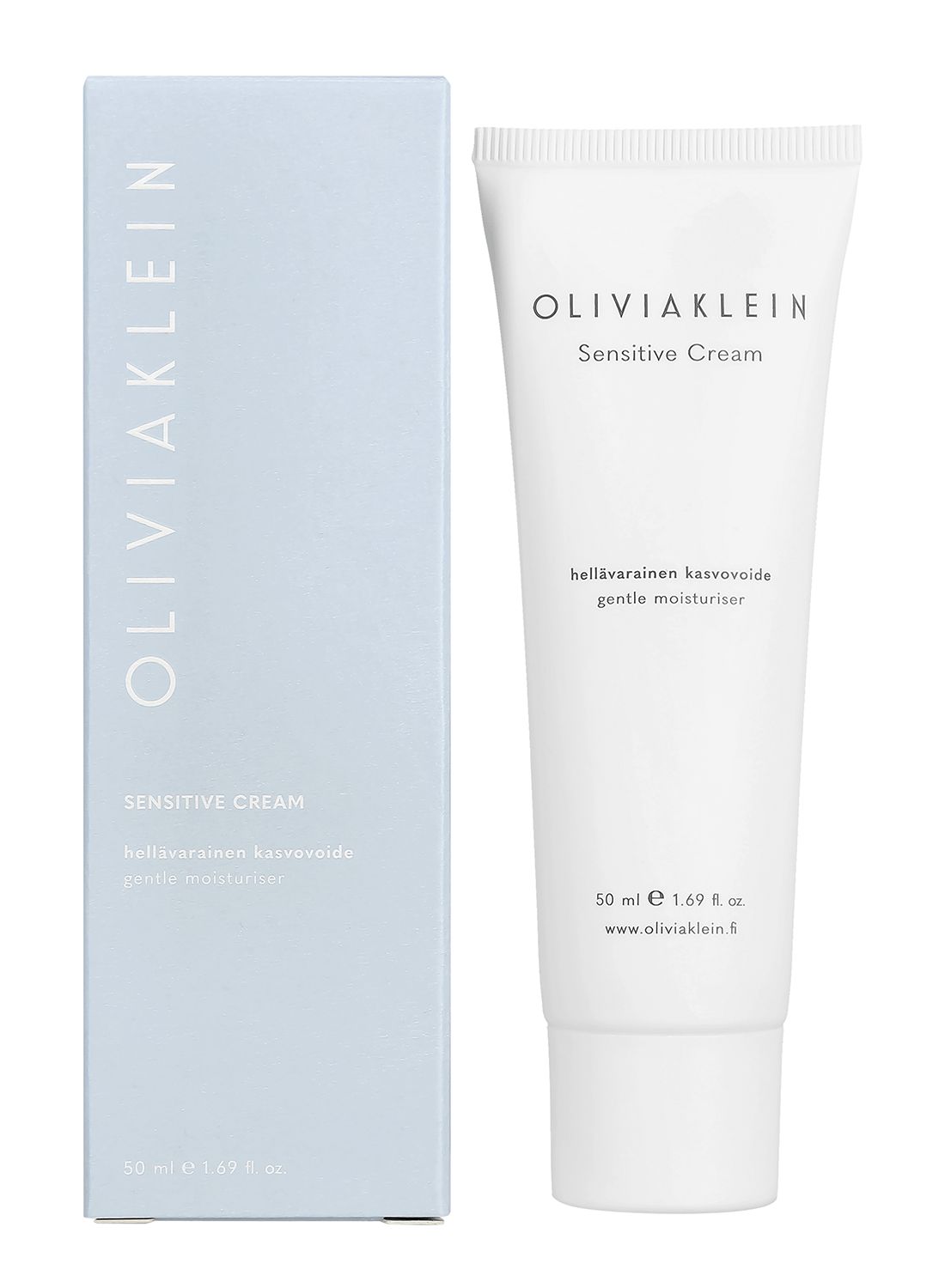 A blue rectangular box and a white, matte-finish squeeze tube with a white cap are displayed side by side. Both are labeled “Oliviaklein Sensitive Cream gentle moisturizer,” with text in English and Finnish, including the 50 ml size. Labels are printed in a simple sans-serif font. The background is plain, and no people or other objects are visible in the shot.