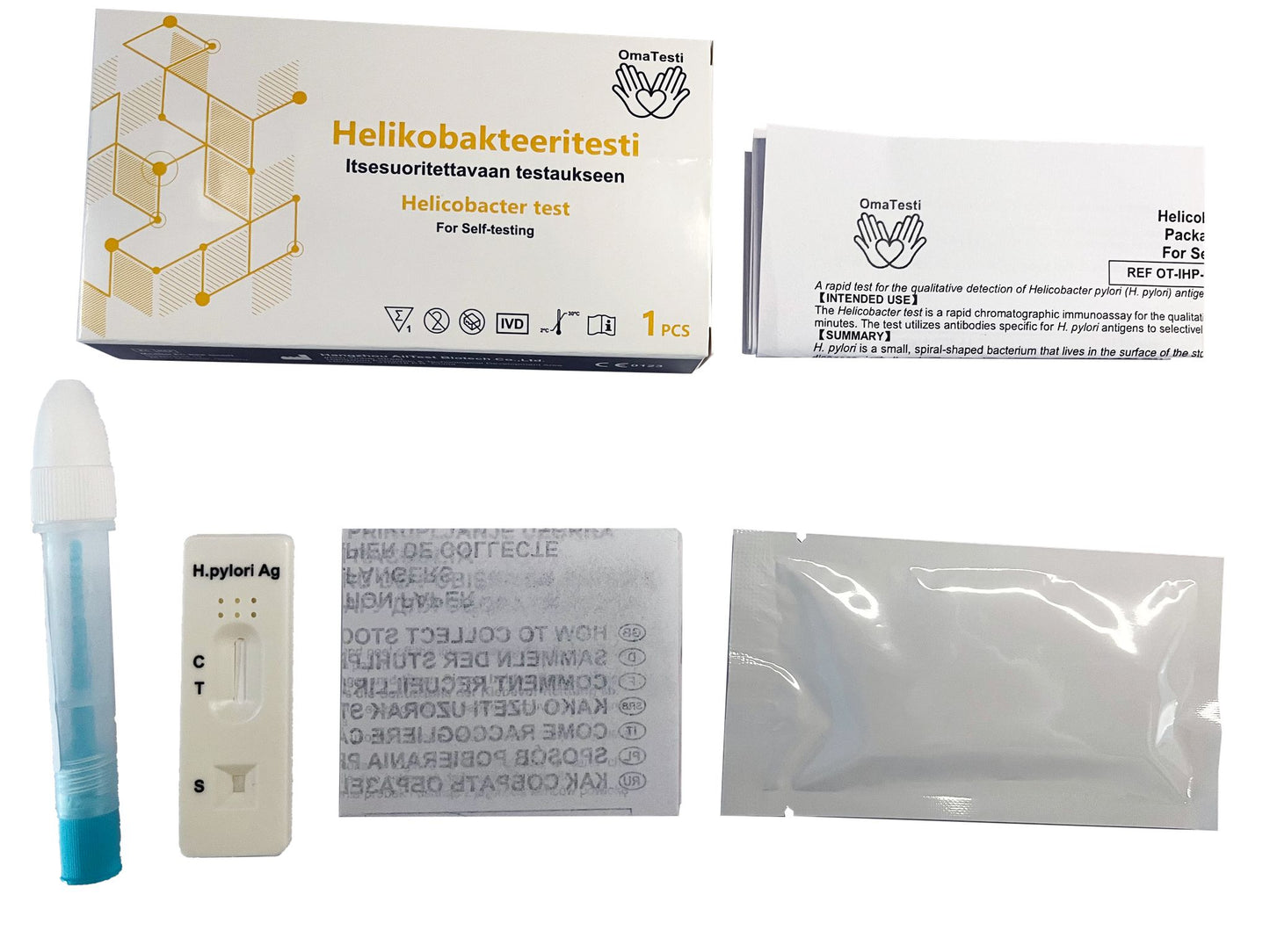 Helicobacter test kit featuring a box labeled Helikobakteeritesti, a test strip, blue capped plastic vial, rectangular foil packet with printed details, and a folded white instruction sheet for self-testing. Items are matte or semi-gloss, mostly white and blue. Sans-serif font on box and materials. The items are neatly arranged on a white background.