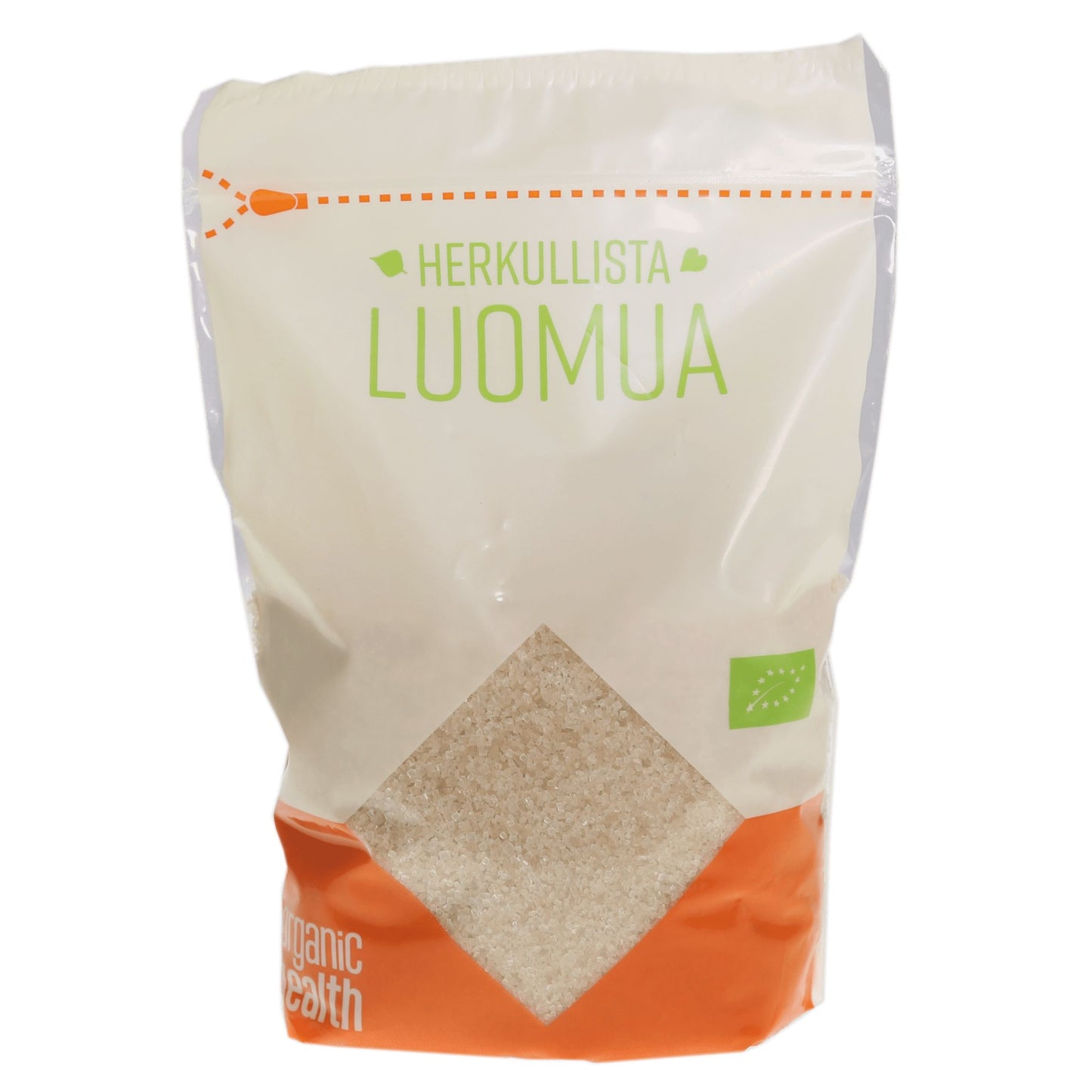 Organic Health Luomu Vaalea Ruokosokeri -pussi, suomenkielinen teksti "Herkullista Luomua", luomumerkki, oranssit korostukset alaosassa; suorakulmainen mattapintainen muovipakkaus, groteskiteksti
