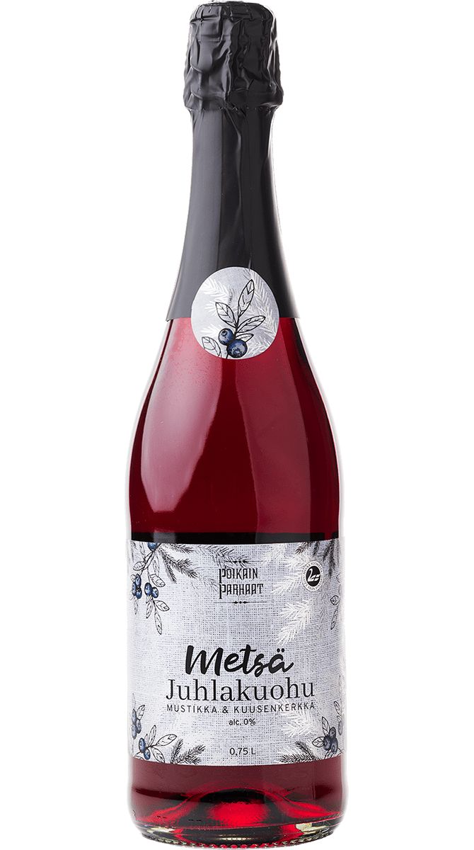 A bottle of Metsä Juhlakuohu, a Finnish sparkling berry drink, with a silver label and black foil on the neck. The bottle is made of glass with a glossy finish and has a standard cylindrical shape. The label contains illustrations of berries and leaves in color, with legible text in bold sans-serif font. White background, no people present.