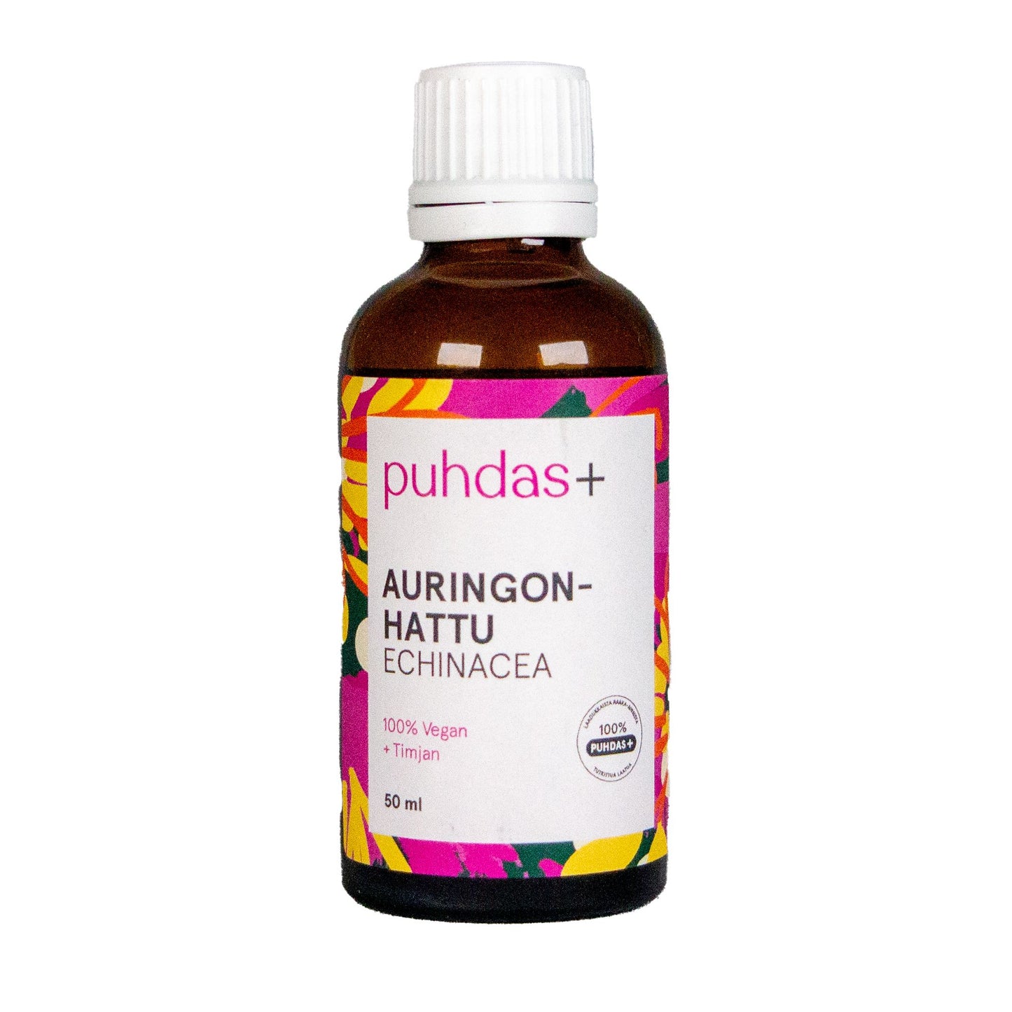 Ruskea lasipullo merkinnällä puhdas+ Auringonhattu Echinacea erottuu värikkäällä etiketillään, jossa on vaaleanpunaisia ja keltaisia geometrisia kuvioita. Matta etiketti käyttää pääteviivatonta typografiaa. Pakkaus on 50 ml:n lieriömäinen pullo valkoisella muovisella kierrekorkilla. Tausta on neutraali ja pelkistetty; ihmisiä tai käsiä ei näy kuvassa.