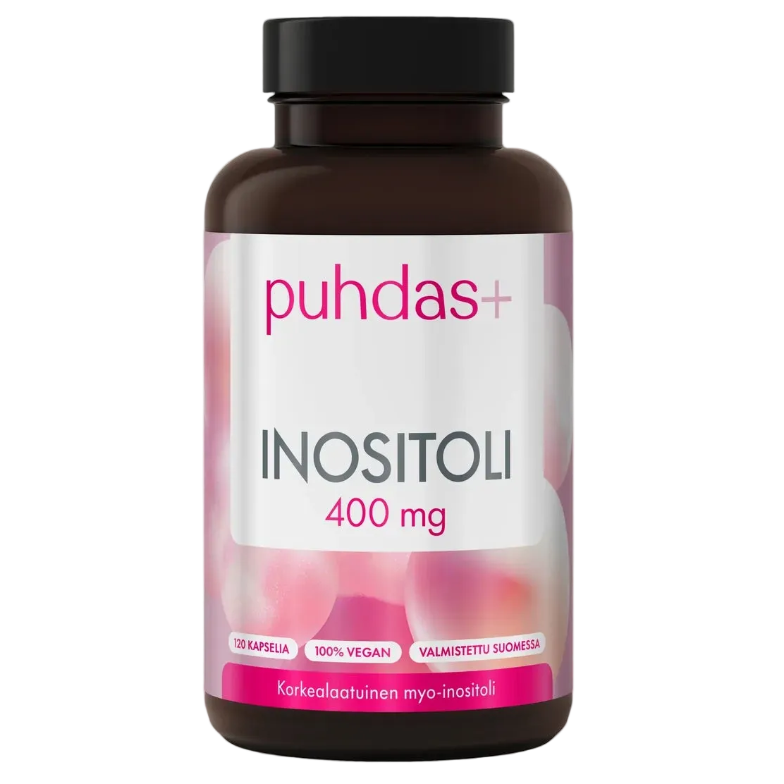 Puhdas+ Inositoli 400 mg -purkki, vaaleanpunainen etiketti: 120 kapselia, 100 % vegan, valmistettu Suomessa