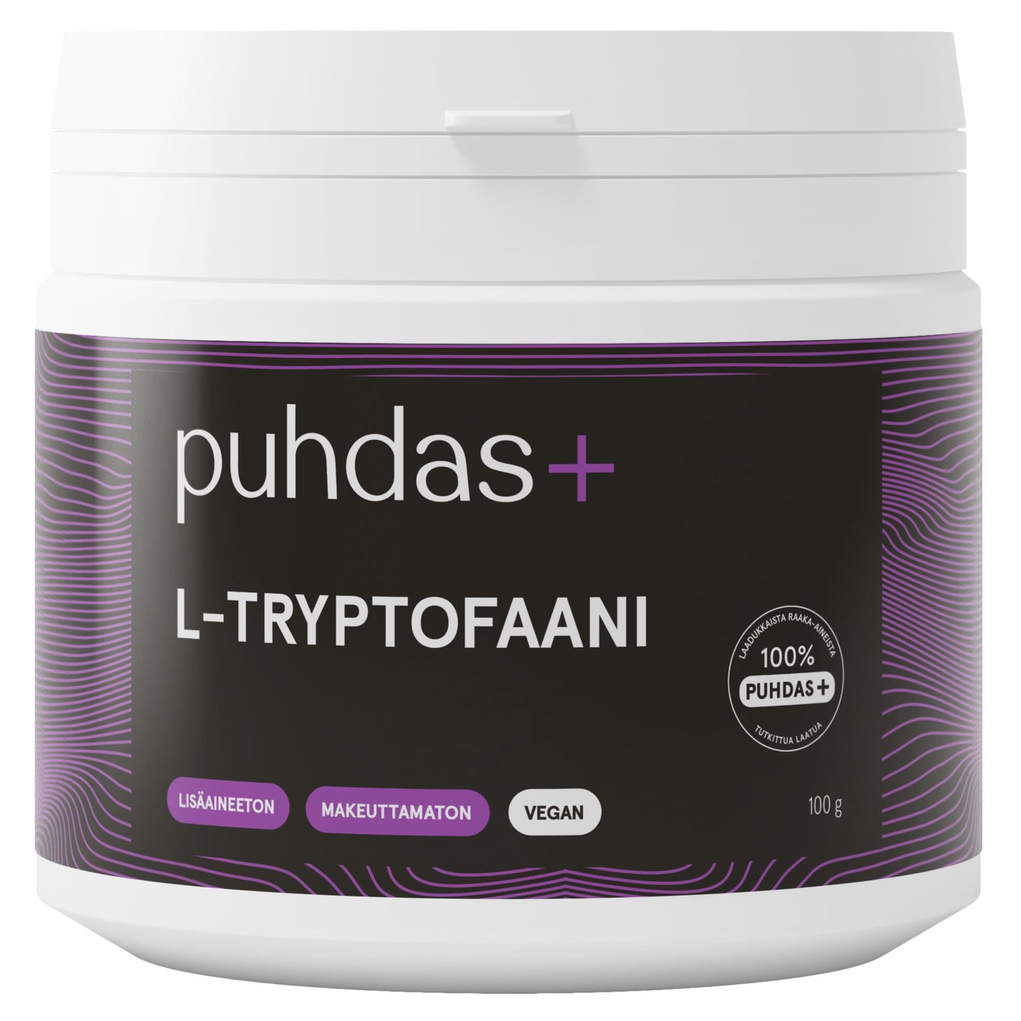 puhdas+ L-Tryptofaani, 100 g; valkoinen muovipurkki violetti-mustalla designilla, mattapinta, lieriömÀinen muoto; pakkauksessa yksinkertaista mustaa ja violettia groteskitypografiaa valkoisella pohjalla; etiketti kertoo tuotteen olevan vegaaninen, lisÀaineeton ja makeuttamaton; ei ihmisiÀ tai kÀsiÀ; vaalea tausta; tuote kuvattu edestÀpÀin silmÀn tasolta.