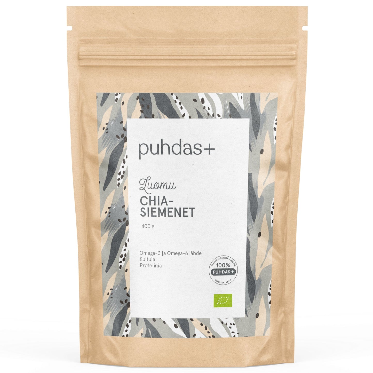 A brown resealable pouch labeled puhdas+ Ruomu Chia-Siemenet, featuring a patterned design with abstract leaves and dots. Matte finish; flexible rectangular packaging. Label text includes references to organic chia seeds, omega-3, protein, and eco-certification. Sans-serif type in contrasting white over brown background. No people or hands visible. Neutral backdrop; studio product shot.
