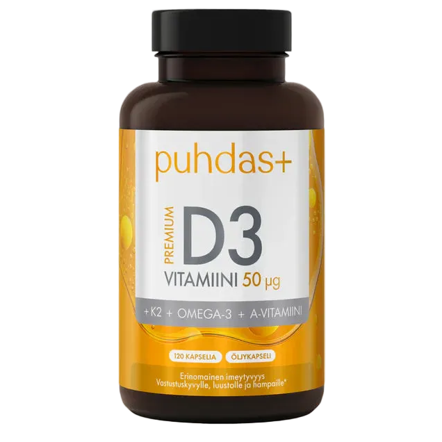 Puhdas+ Premium D3-vitamiini 50 µg + K2 + Omega-3 + A-vitamiini