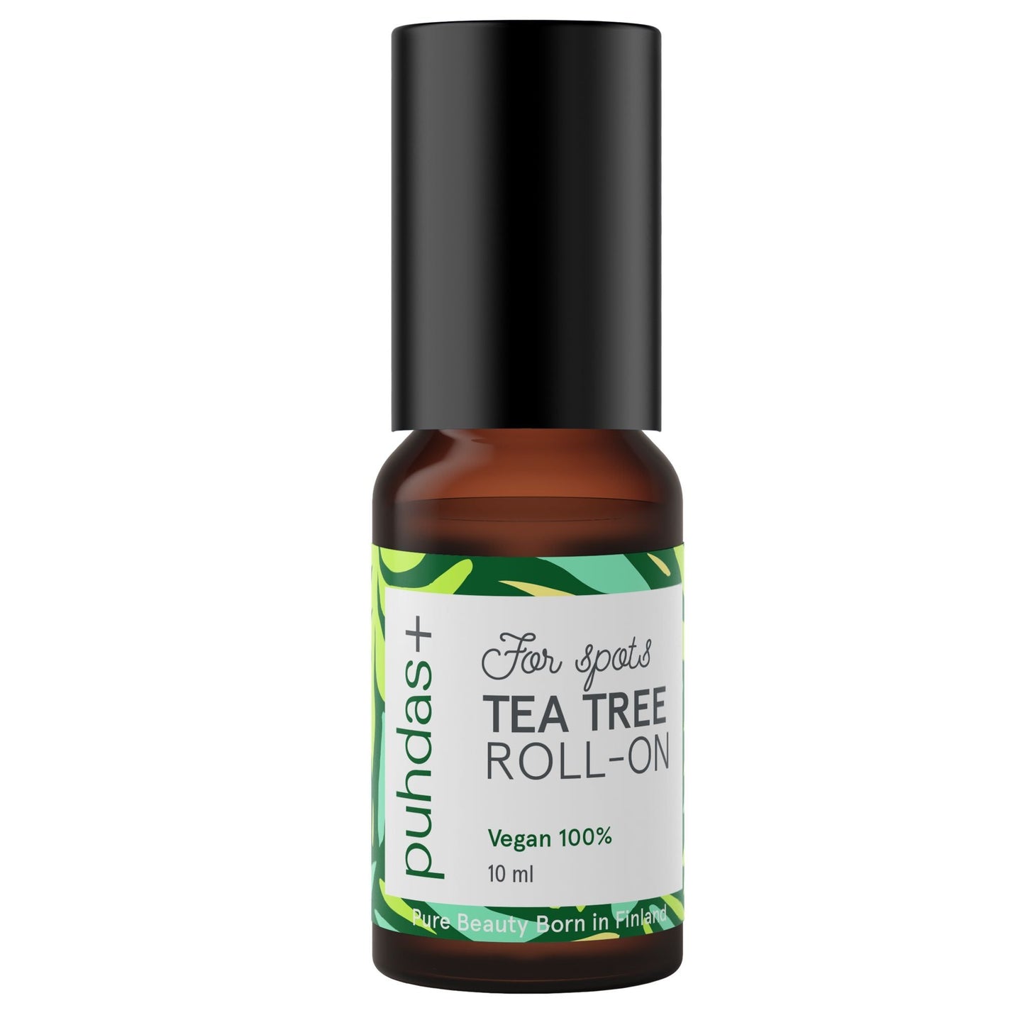 Puhdas+ Tea Tree Roll-On; pieni ruskea lasipullo mustalla muovisella kierrekorkilla; muoto lieriön muotoinen ja pinta kiiltäväpintainen; etiketissä vihreitä, keltaisia ja valkoisia lohkoja modernilla sans-serif-tekstillä; luettavissa "puhdas+ For spots TEA TREE ROLL-ON, Vegan 100%, 10 ml, Infused with natural tea tree oil"; ei ihmisiä tai tarvikkeita, valkoinen tausta.
