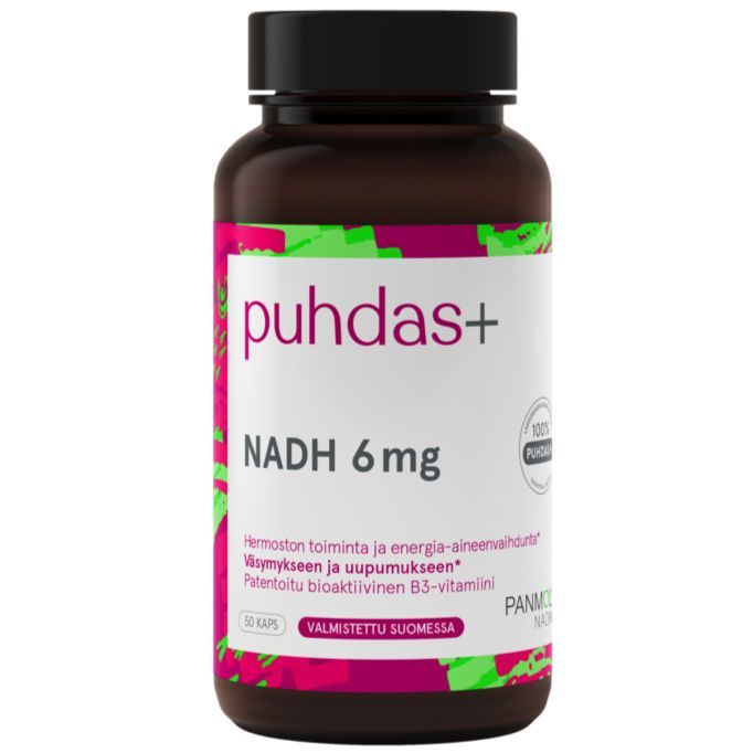 Puhdas+ Vahva NADH 6 mg; pullo Puhdas+ NADH 6 mg -ravintolisälle värikkäällä suomenkielisellä etiketillä, sisältää 50 vegaanikapselia; valkoinen muovipullo mattapinnalla ja lieriön muotoinen; etiketissä monivärisiä geometrisia elementtejä ja luettava tuotenimi selkeällä sans-serif-fontilla; tausta neutraali; ei ihmisiä tai käsiä näkyvissä; suora edestäpäin kuvattu tuotekuva.