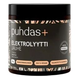 A jar of Puhdas+ Elektrolyytti Jauhe with a patterned label, highlighting that it is 100% vegan and crafted in Finland. The jar is cylindrical with a white plastic lid and a matte finish. The main label displays geometric designs in blue and grey, sans-serif text in black, and clear branding. The background is plain white. No people or objects are visible.