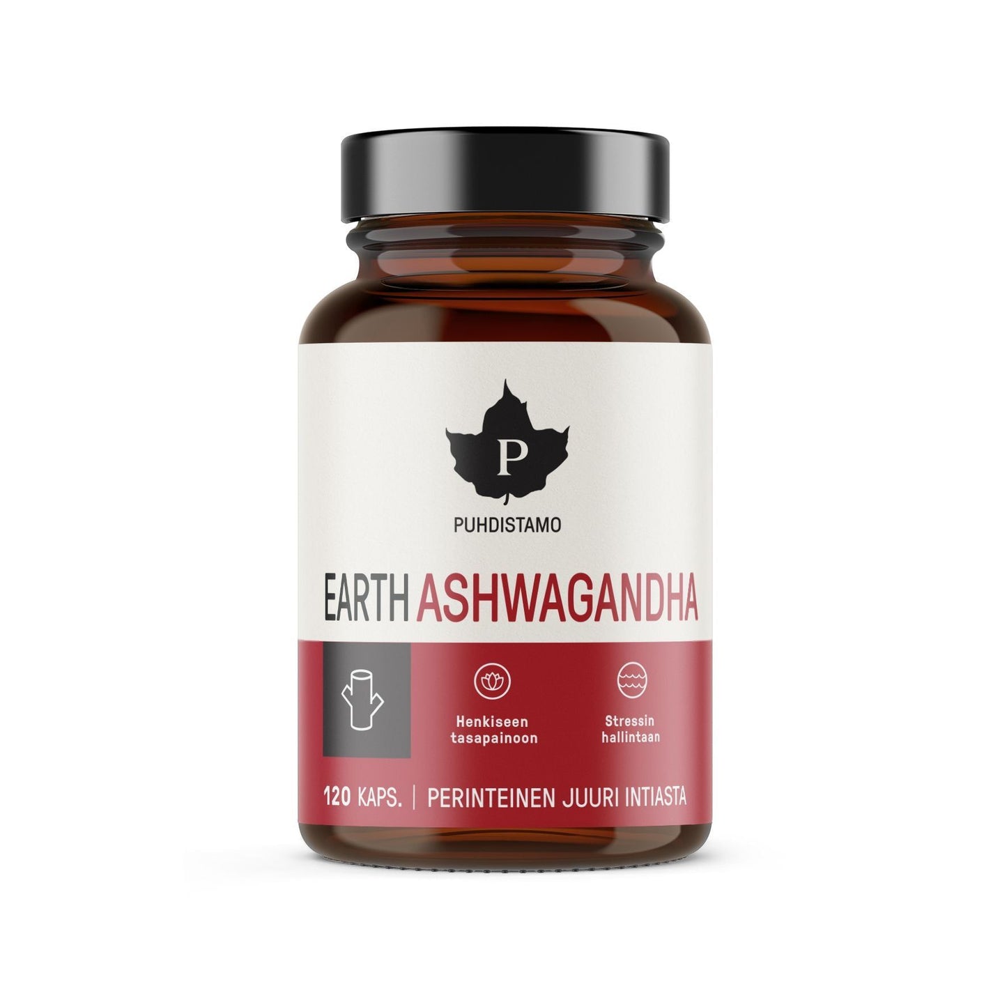 Puhdistamo EARTH Ashwagandha; ruskea pullo tekstillä "Earth Ashwagandha by Puhdistamo", 120 kapselia; valkoisessa etiketissä punaista ja mustaa tekstiä, vaahterainlehtilogo, pyöreitä kuvakkeita ja selkeä groteskityyppografia; kapselimäärä numeroin; lieriön muotoinen pullo mustalla kierrekorkilla ja mattapintaisena; valkoinen tausta ilman näkyvää ympäristöä tai ihmisiä; ashwagandha korostettu pääainesosana.