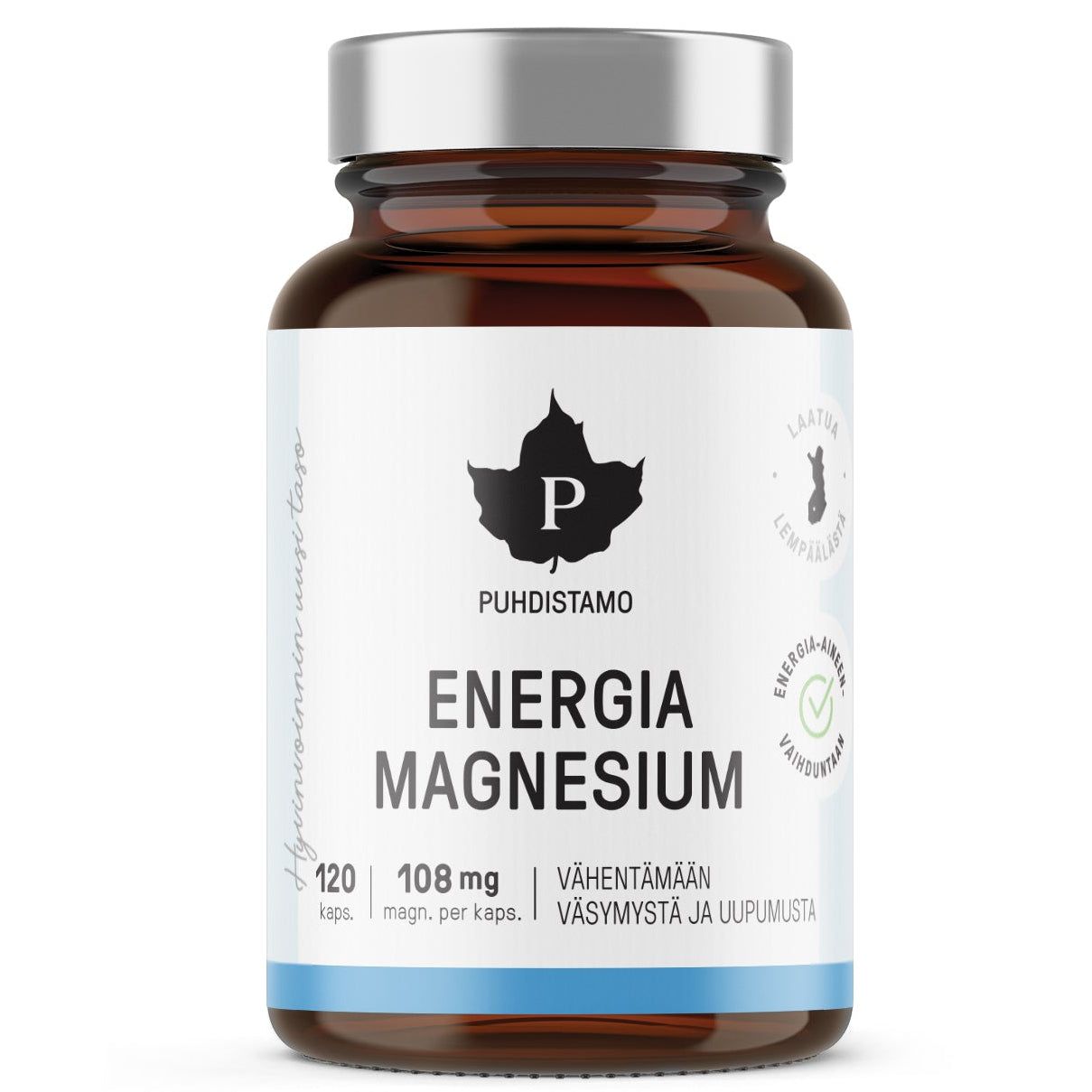 A brown glass bottle labeled Puhdistamo Energia Magnesium, containing 120 capsules with 108 mg of magnesium each, features a metallic silver screw cap. The bottle has a cylindrical shape with a matte label that includes clear Finnish text and numerals in modern sans-serif font. No people or hands are present. The background is plain and evenly lit in a studio-style shot.