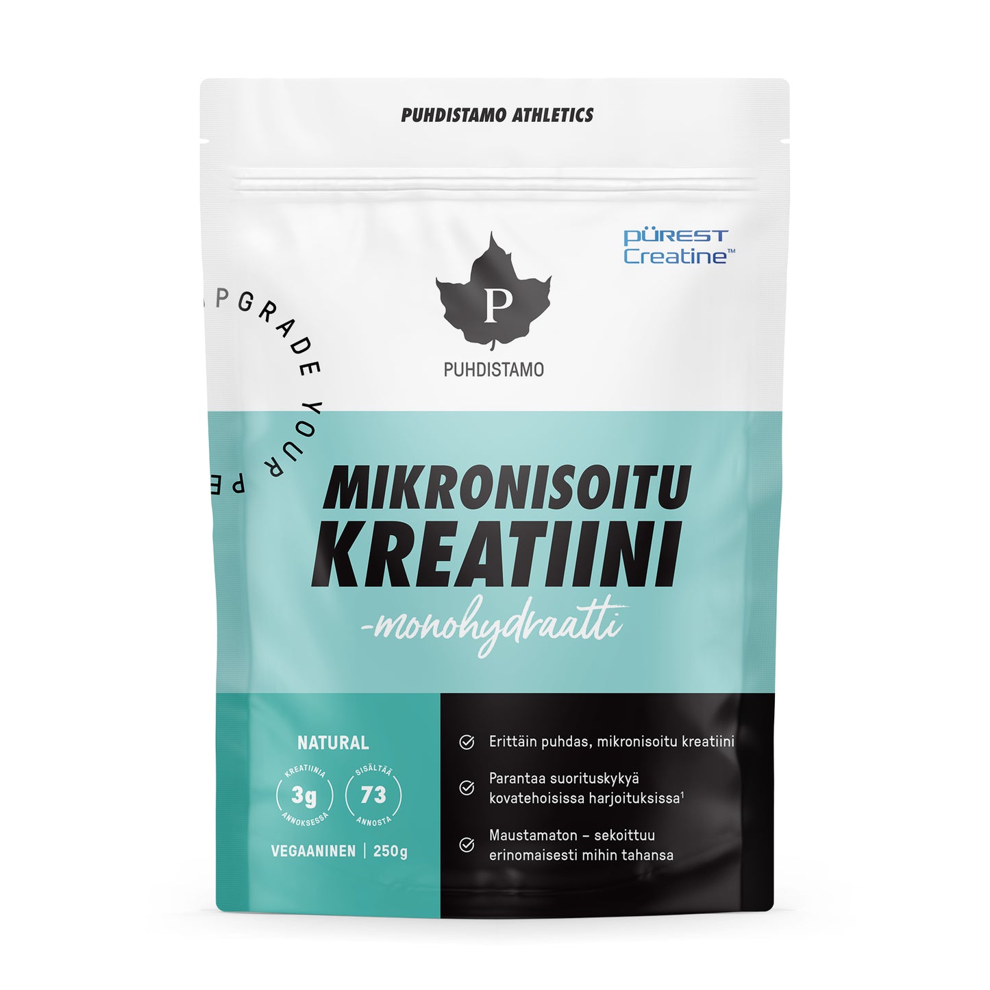 Puhdistamo Athletics Mikronisoitu Kreatiinimonohydraatti Natural 250 g -pussi, 3 g kreatiinia annoksessa