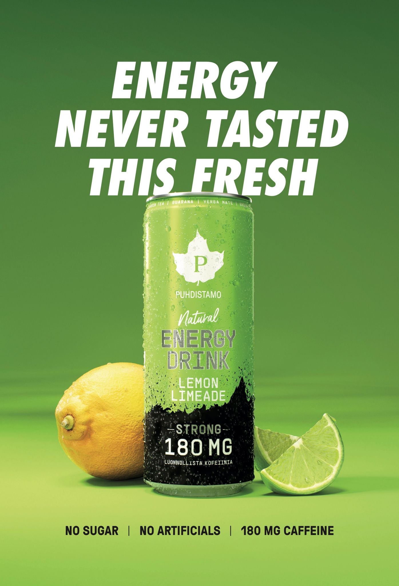 A can of Puhdistamo Lemon Limeade Energy Drink stands between a lemon and a lime wedge on a yellow background. The can is tall, cylindrical, metallic with a matte finish and features visible product branding in bold typography. Text above reads, Energy never tasted this fresh. Enjoy a refreshing boost enhanced by the vibrant flavors of lemon and lime, with key benefits highlighted below.