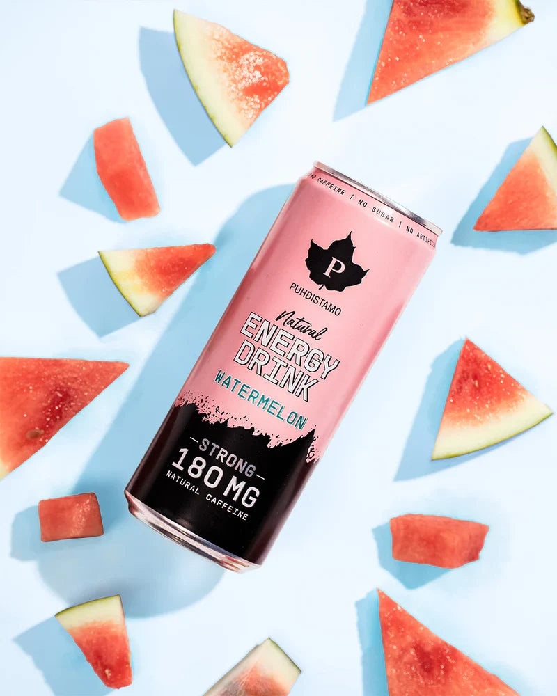 Watermelon Strong -tölkki vesimelonilohkojen keskellä vaaleansinisellä taustalla