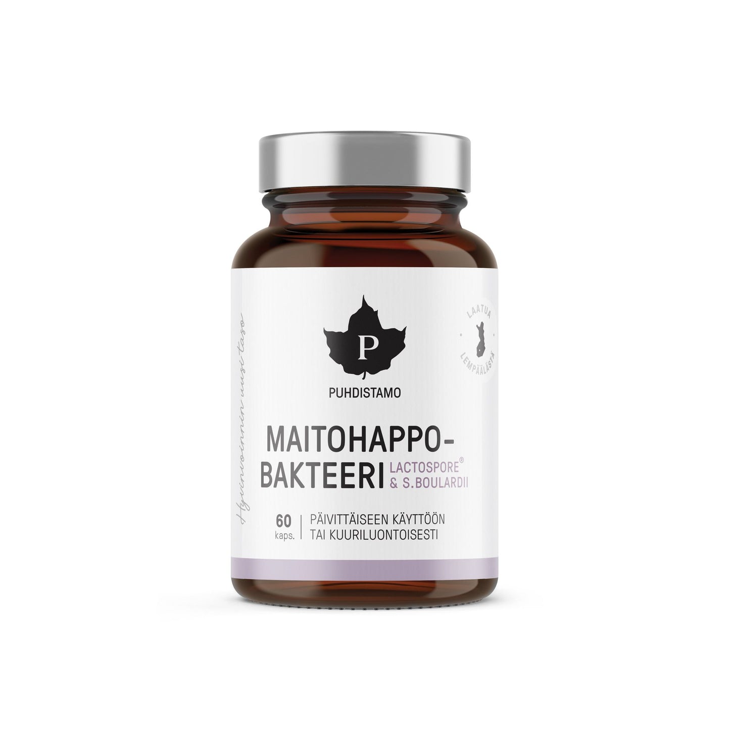 A dark brown bottle labeled Puhdistamo Maitohappobakteeri Lactospore S. boulardii probiotic. Contains 60 capsules, intended for daily or periodic use. The bottle is cylindrical with a matte surface and a silver metallic screw cap. The main label uses sans-serif type in black and gray tones, with minimal graphic elements. The product is photographed upright on a plain white background with no people or hands visible in the shot.