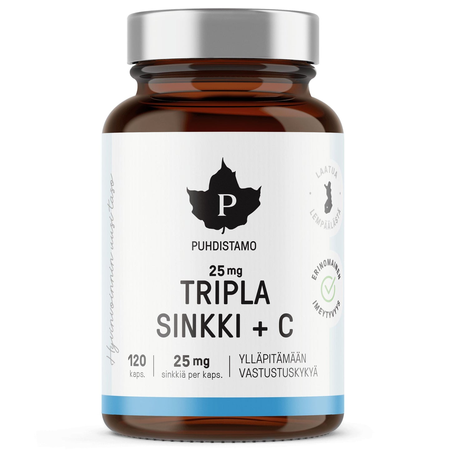 Puhdistamo Tripla Sinkki 25 mg -pullo; ruskea sylinterimäinen muovipullo kierrekorkilla, kiiltäväpintainen ja tyhjän näköinen; etiketti sininen ja valkoinen suomenkielisin tekstausvapain tekstein, yksinkertainen lehtilogo tuotenimen yläpuolella ja maininta "Puhdistamo Tripla Sinkki + C, 25 mg" sekä "120 kapselia"; pääravintoaineena mainittu sinkki; ei ihmisiä tai käsiä näkyvissä; tausta yksivärinen vaalea, suora tuotekuva edestä.