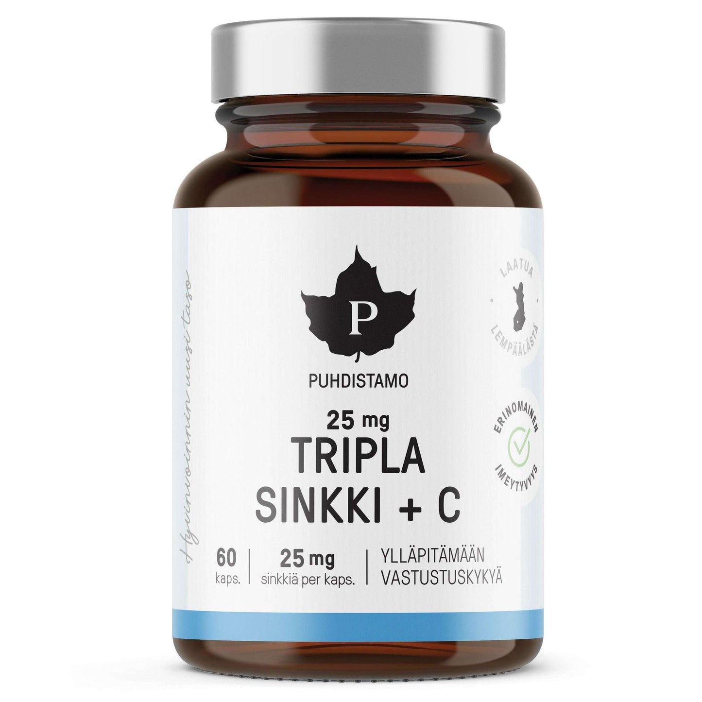 Puhdistamo Tripla Sinkki 25 mg -ravintolisäpullo; ruskea lasipullo sylinterimäisenä ja kiiltäväpintaisena; etiketti valkoinen ja sininen mustalla tekstausvapaalla tekstillä; "Tripla Sinkki + C" ja "60 kapselia" selkeästi näkyvissä etupuolella; tausta valkoinen, tuote keskellä, ei ihmisiä tai toimintaa näkyvissä.