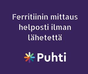 Kiki Health Ionisoitu Rauta; violetti tausta valkoisella suomenkielisellä tekstillä: ”Ferritiinin mittaus helposti ilman lähetettä”; alapuolella värikäs Puhti-logo sekä avainsana ferritiini yhdessä sanan Puhti kanssa; suunnittelu tasomainen ilman näkyvää fyysistä tuotetta tai pakkausta; typografia tikkukirjasinta ja lihavoitua, keskitettynä yksiväriselle pinnalle; ei ihmisiä tai käsiä näkyvissä kuvassa.