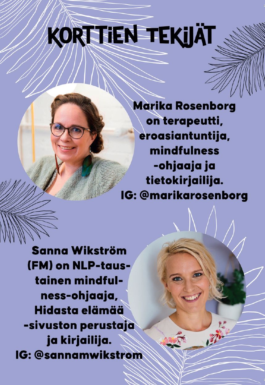 Two women are introduced with photos and bios on a purple background featuring leaf graphics. One wears glasses and a scarf; the other wears a floral shirt. Text highlights their roles as therapists, authors, and mindfulness coaches. The layout uses headshots framed by rounded rectangles, white sans-serif font, and organized blocks of text. No products or packaging visible.