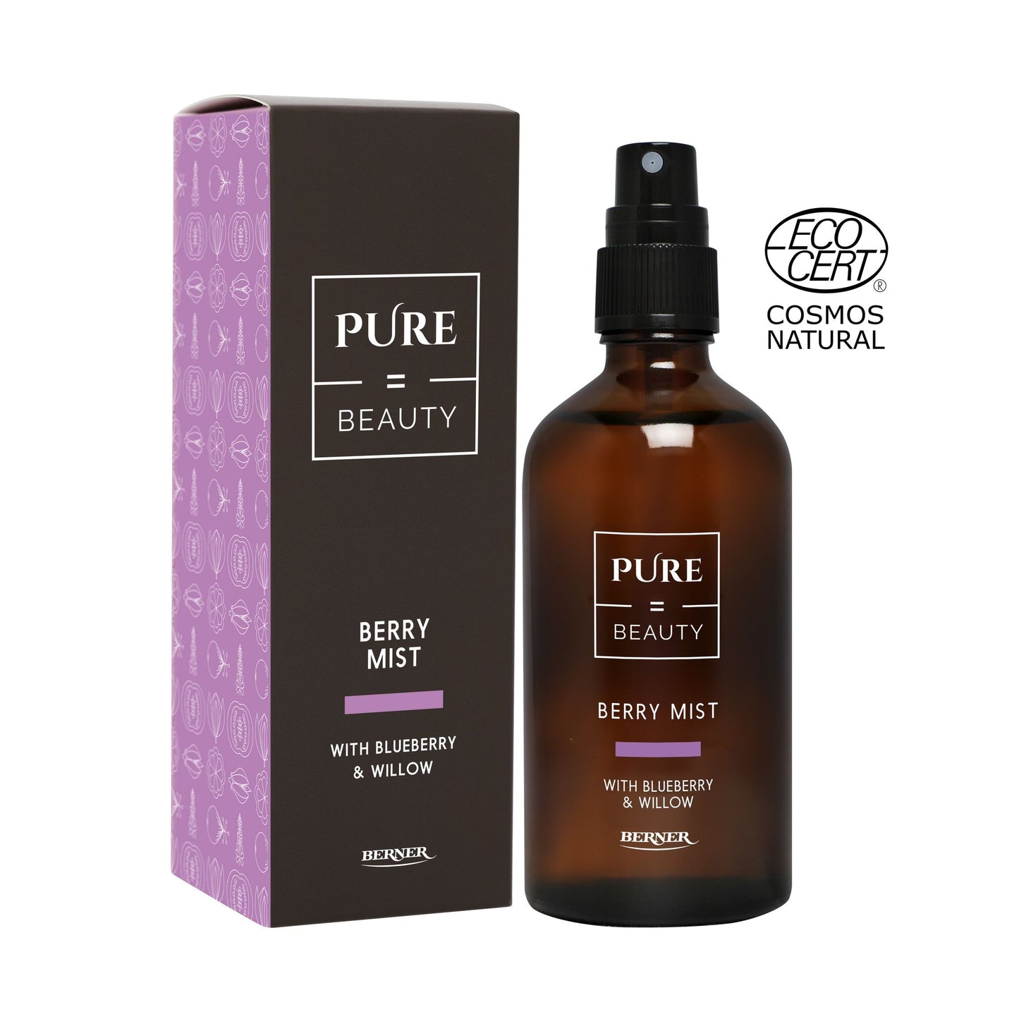 Brown spray bottle labeled PURE=BEAUTY Berry Mist with a box beside it. Both items have matte surfaces and rectangular shapes. Label text lists blueberry and willow as ingredients. ECOCERT Cosmos Natural certification logo appears on the right side. Flat lay photo, plain background, no people visible.