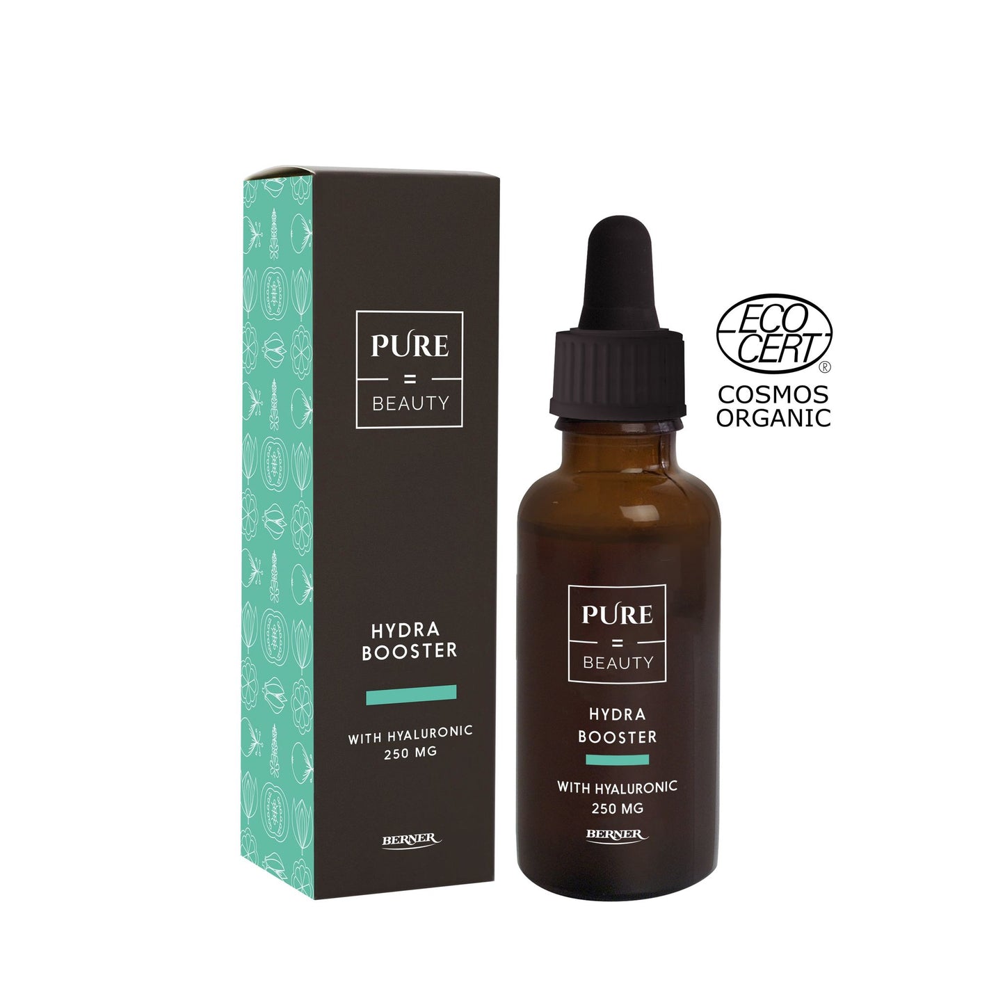 A brown dropper bottle labeled Pure Beauty Hydra Booster stands next to its box, which features teal and brown colors. The bottle has a matte finish with a white dropper cap. The box is rectangular with clear typography and a matte surface. To the right is an ECOCERT Cosmos Organic logo badge. The background is plain, studio-style with even lighting. No people or hands are present in the shot.