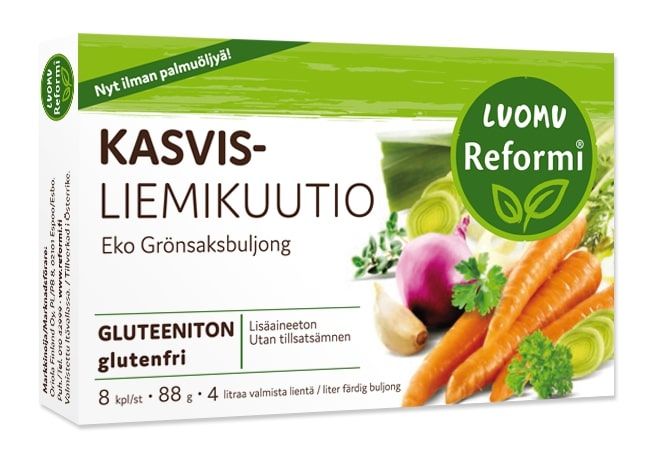 Reformi Luomu Kasvisliemikuutio -pakkaus, suorakulmainen mattapintainen rasia, vihreä-keltainen väritys, kuvia porkkanoista ja persiljasta; teksti suomeksi ja ruotsiksi, gluteeniton ja palmuöljytön