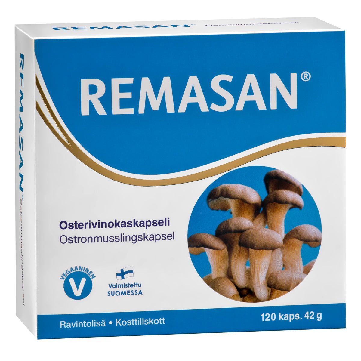 REMASAN-pakkaus, osterivinokaskuva etupaneelissa; valkoinen-beige mattapintainen rasia, vegaani- ja suomalaismerkit, teksti suomeksi ja ruotsiksi