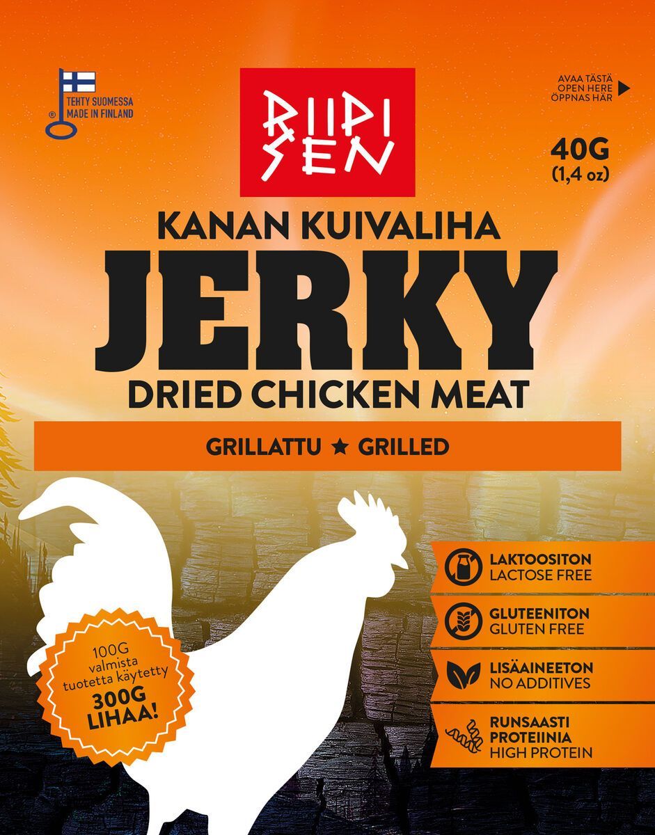 Riipisen Kanan Kuivaliha Grillattu; pakkaus grillatulle kanan kuivalihalle eloisin oranssein ja keltaisin värein, lentävän linnun siluetti ja teksti korkeasta proteiinipitoisuudesta ja gluteenittomuudesta; taipuisa muovipakkaus mattapinnalla, suorakulmainen muoto; lihavoitu groteskityyppografia pääsisällössä, pienempää tekstiä alla; valkoinen tausta, ei ihmisiä tai käsiä.