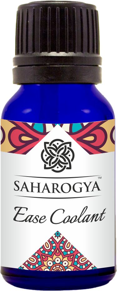 A blue plastic bottle labeled Saharogya Ease Coolant, with a matte finish and a black screw cap. The label displays a multicolored decorative pattern and features the product name in bold, sans-serif letters. The bottle has straight sides and rounded shoulders. Background is plain white with no additional objects or people visible. Shot is centered and front-facing.