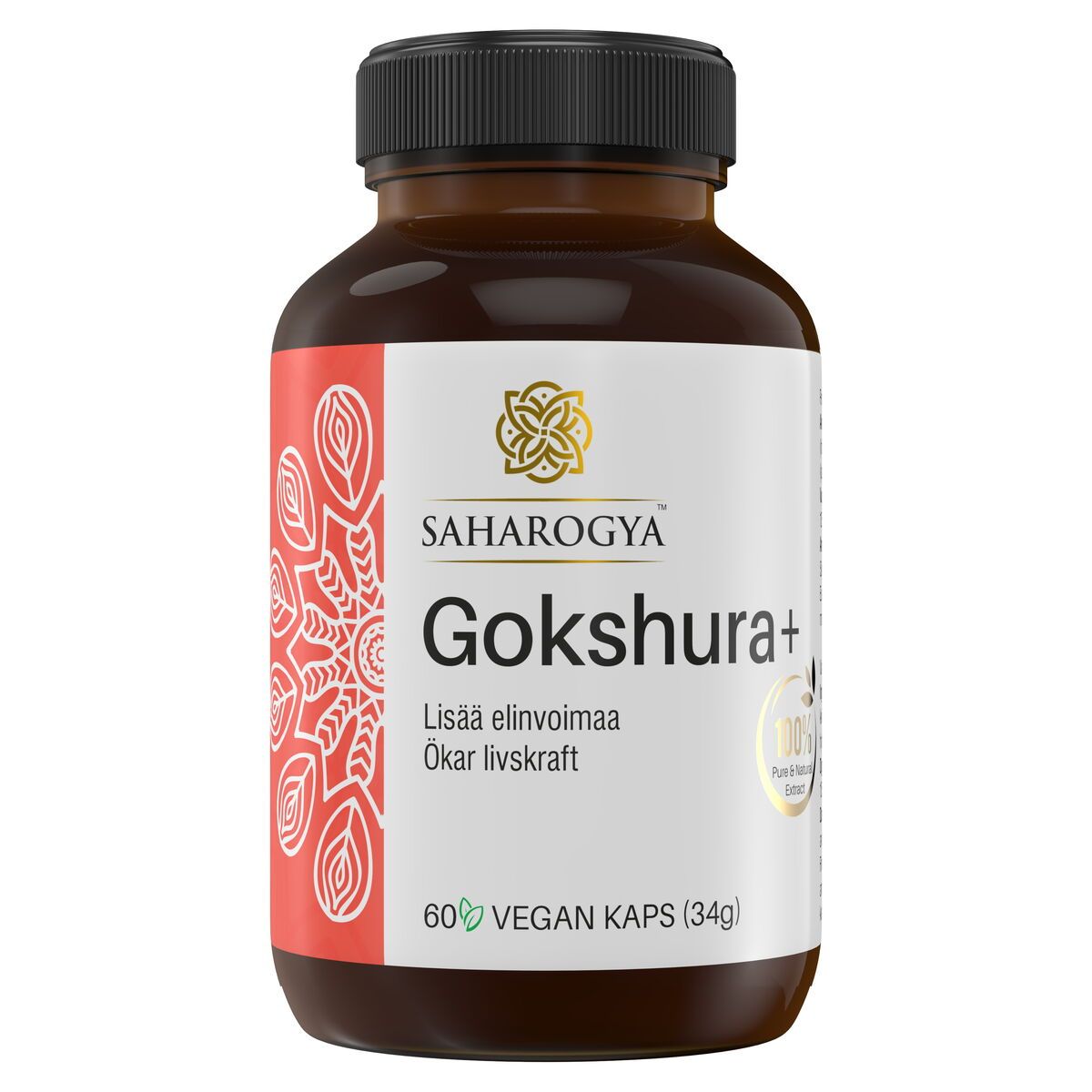 A brown plastic bottle labeled Gokshura+ by Saharogya, containing 60 vegan capsules. The cylindrical bottle has a screw cap and a glossy surface. The label displays a decorative line pattern, printed text in Finnish and Swedish, and a round gold-and-white seal stating 100% pure extract and vegan formula. No people or hands are visible in the product-only shot with a plain background.